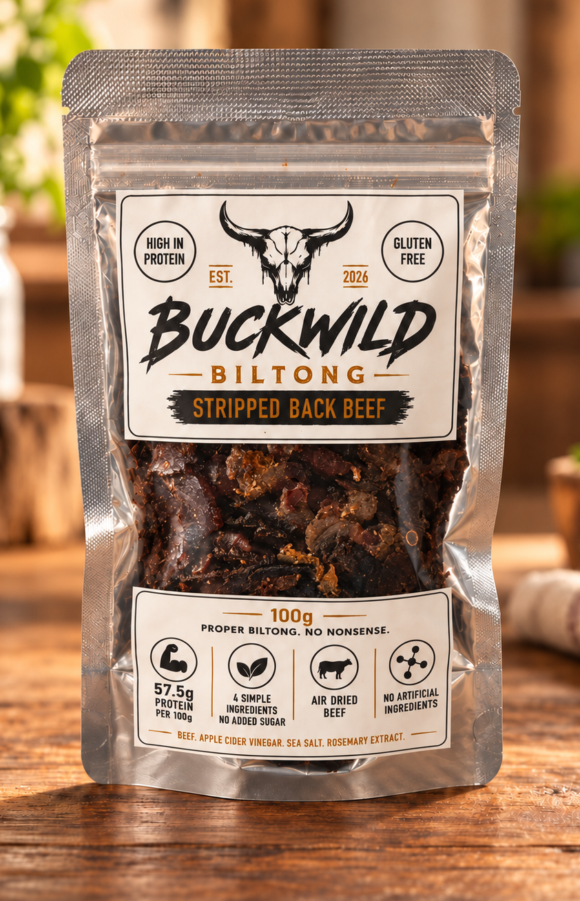 Actual Buckwild Stripped Back Beef silver pouch, with approved front stickers